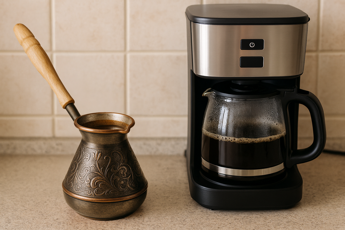 A Turkish coffee pot (cezve) and a drip coffee maker side by side on a kitchen counter, representing two different home brewing methods of specialty coffee