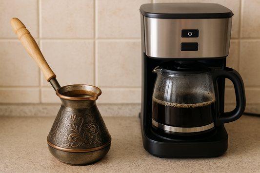 A Turkish coffee pot (cezve) and a drip coffee maker side by side on a kitchen counter, representing two different home brewing methods of specialty coffee