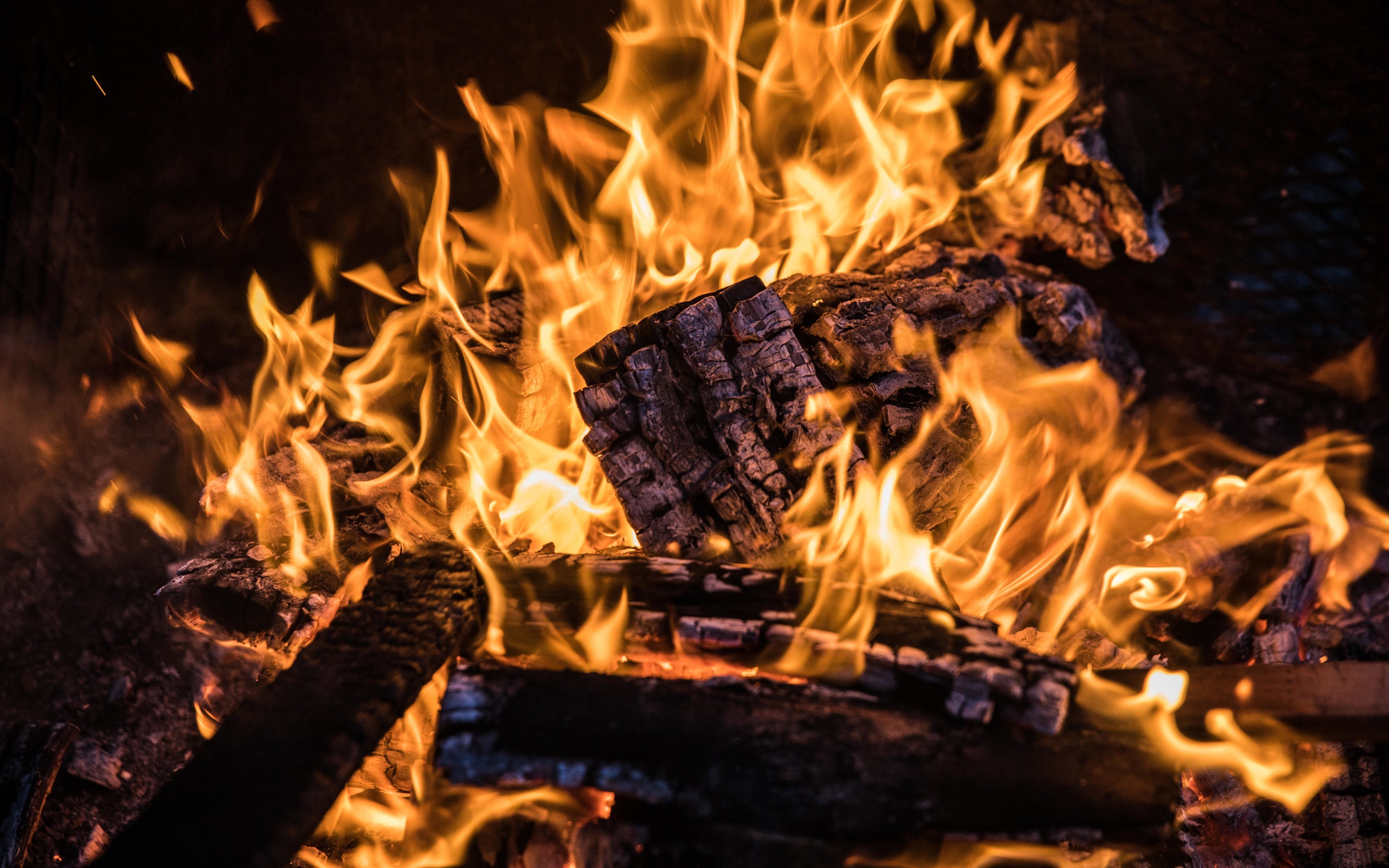 Close-up of blazing wood fire used for traditional coffee roasting, highlighting natural heat and flame